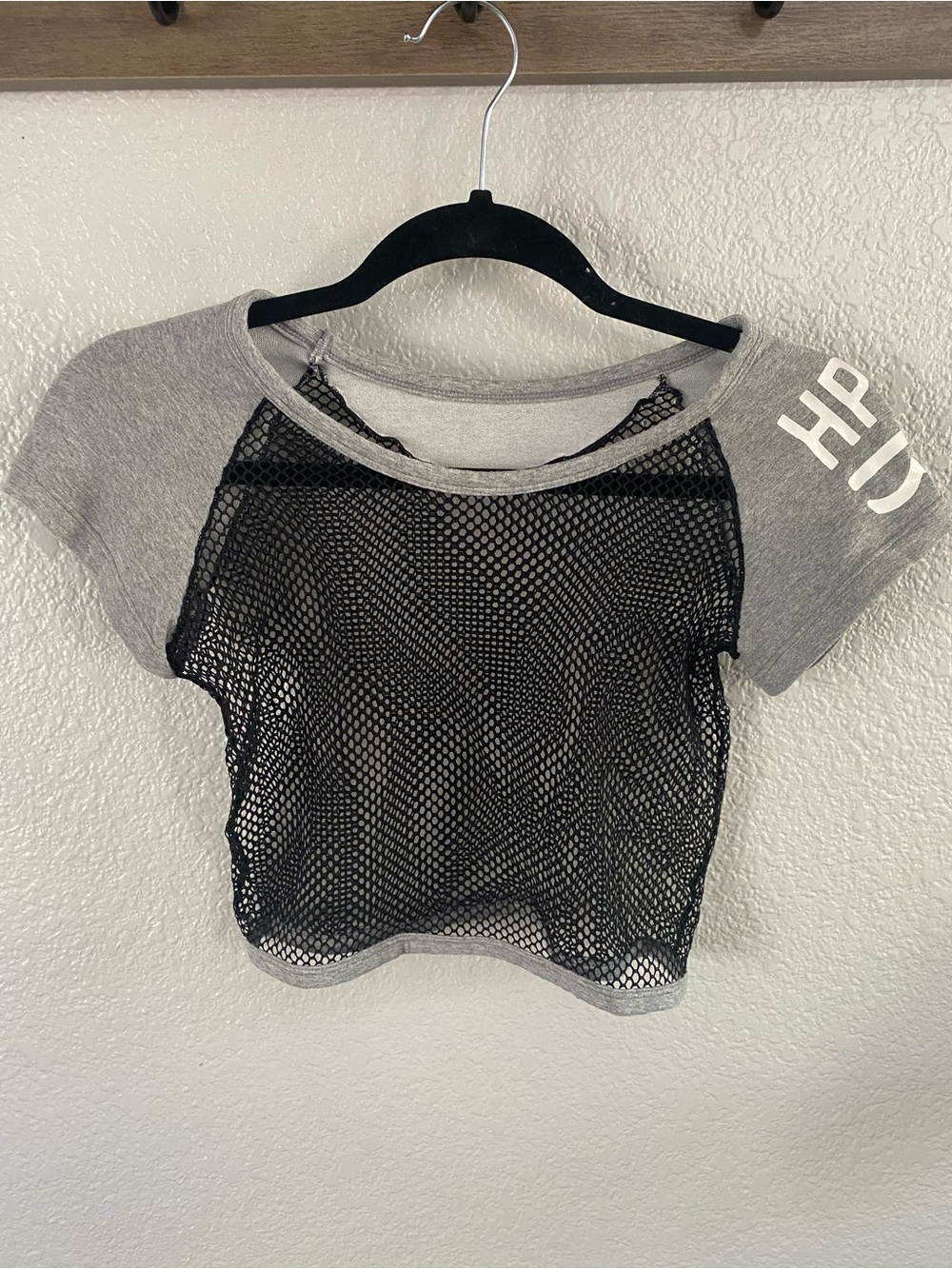 Gray Crop Top with Black Mesh Overlay - Sporty Layered Look